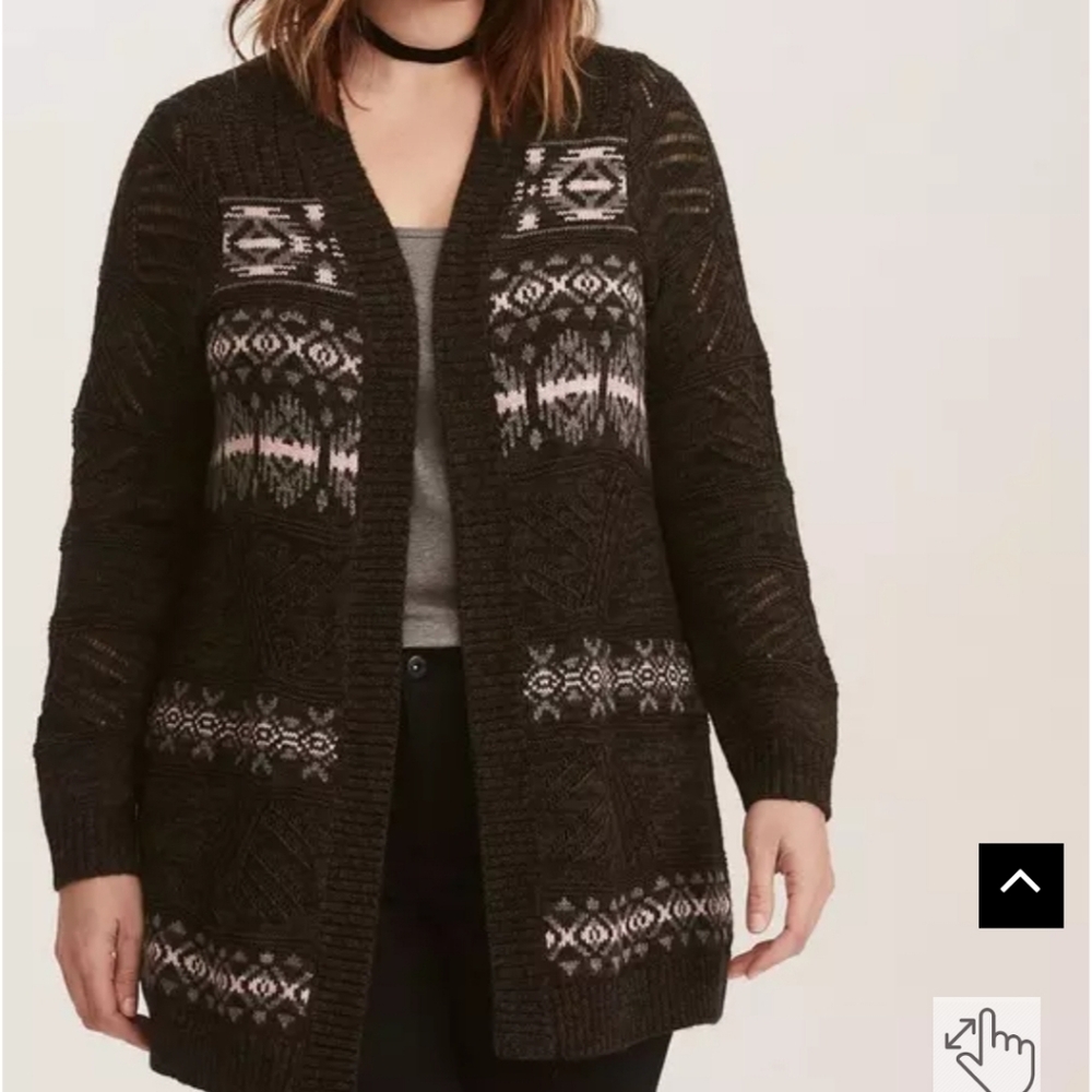 Torrid Multi-Color Geometric Pattern Open Front Cardigan - Picture 2 of 3